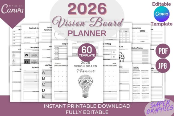Download 2026 Vision Board Planner Canva Template - Vision board planner Collection